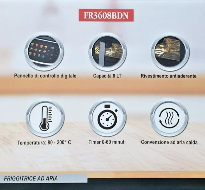Friggitrice ad Aria Calda - 8 Litri XXL Bianca Digitale 200°C Timer Luce interna