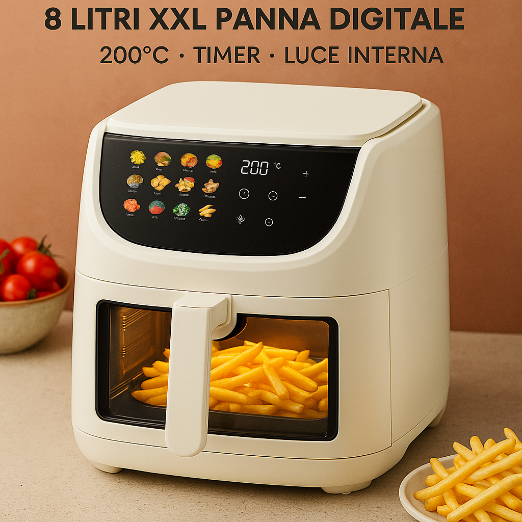 Friggitrice Aria Calda - Cestello 8 Litri VERI - XXL Digitale 200°C Timer Luce