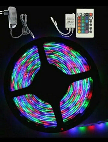 STRISCIA autoadesiva IP65 LED 5050 RGB 5 METRI ALIMENTATORE TELECOMANDO A+++