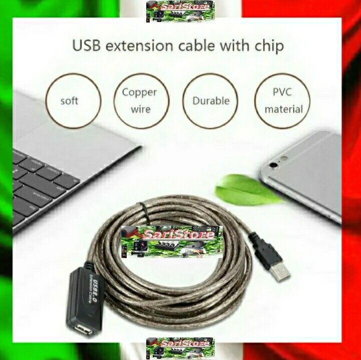 CAVO 🖥 USB 2.0 AMPLIFICATO PC PROLUNGA ATTIVA DATI SPEED 480 Mbps 💻 10 Metri