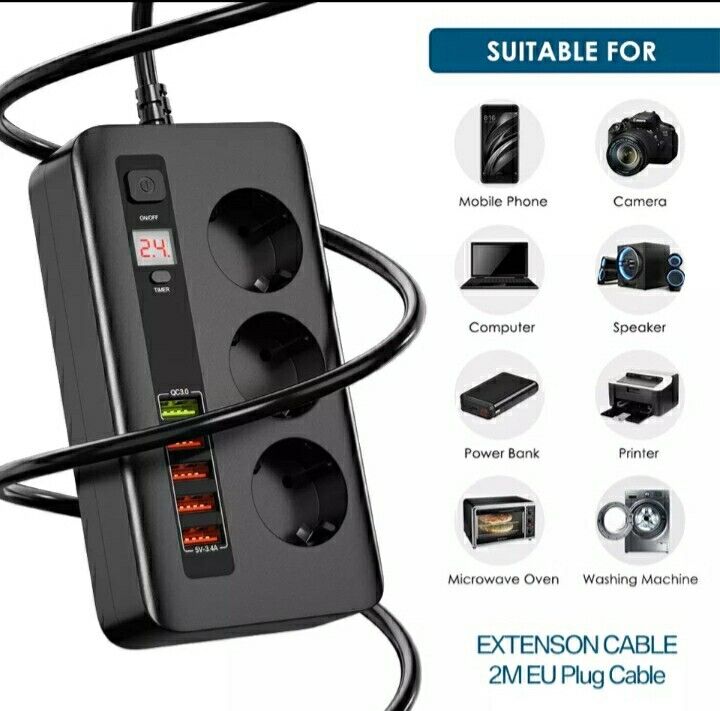 MULTIPRESA corrente Interruttore orario  5 USB 3.4A (MAX) -  3 Schuk 10 A(MAX)