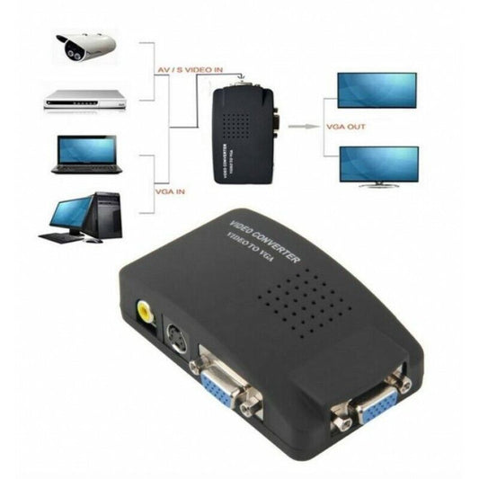 ADATTATORE CONVERTER HDTV CCTV DVD AV Composite RCA S-Video To VGA Monitor PC