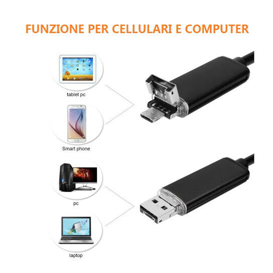 TELECAMERA SONDA ENDOSCOPICA TYPE C USB E MICRO USB FLESSIBILE 6 LED 10 MT