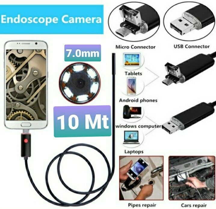 TELECAMERA SONDA ENDOSCOPICA TYPE C USB E MICRO USB FLESSIBILE 6 LED 10 MT