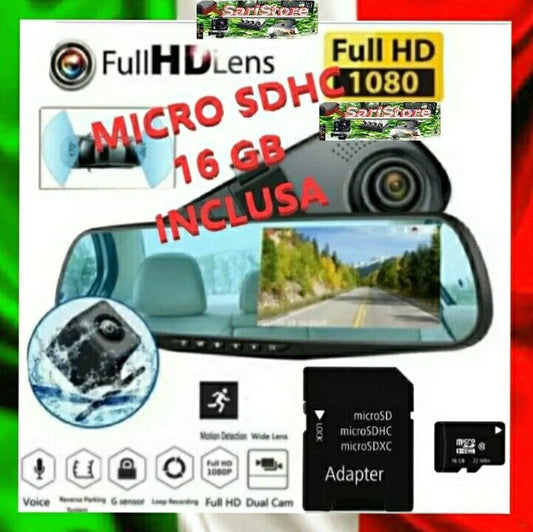 Dash Cam SPECCHIETTO TELECAMERA HD RETROMARCIA SD 16GB VISIONE AVANTI DIETRO .