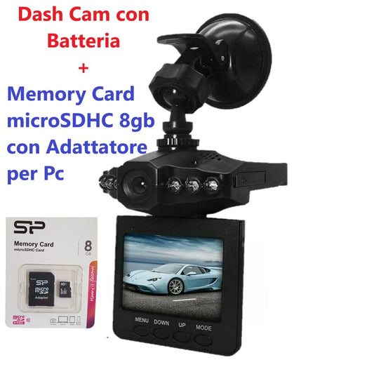 DASH CAM AUTO TELECAMERA CRUSCOTTO AUDIO VIDEO MONITOR + MEMORY CARD SDHC 8 GB