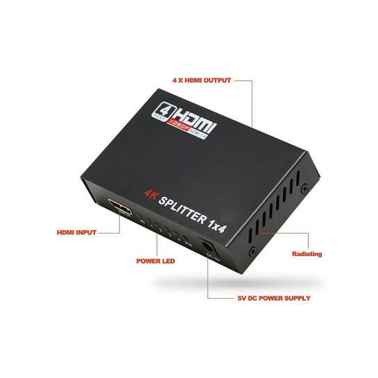 SPLITTER 1 X 4 SDOPPIATORE FULL HD 1080P UHD 4K 3D 4 USCITE HDMI AMPLIFICATE