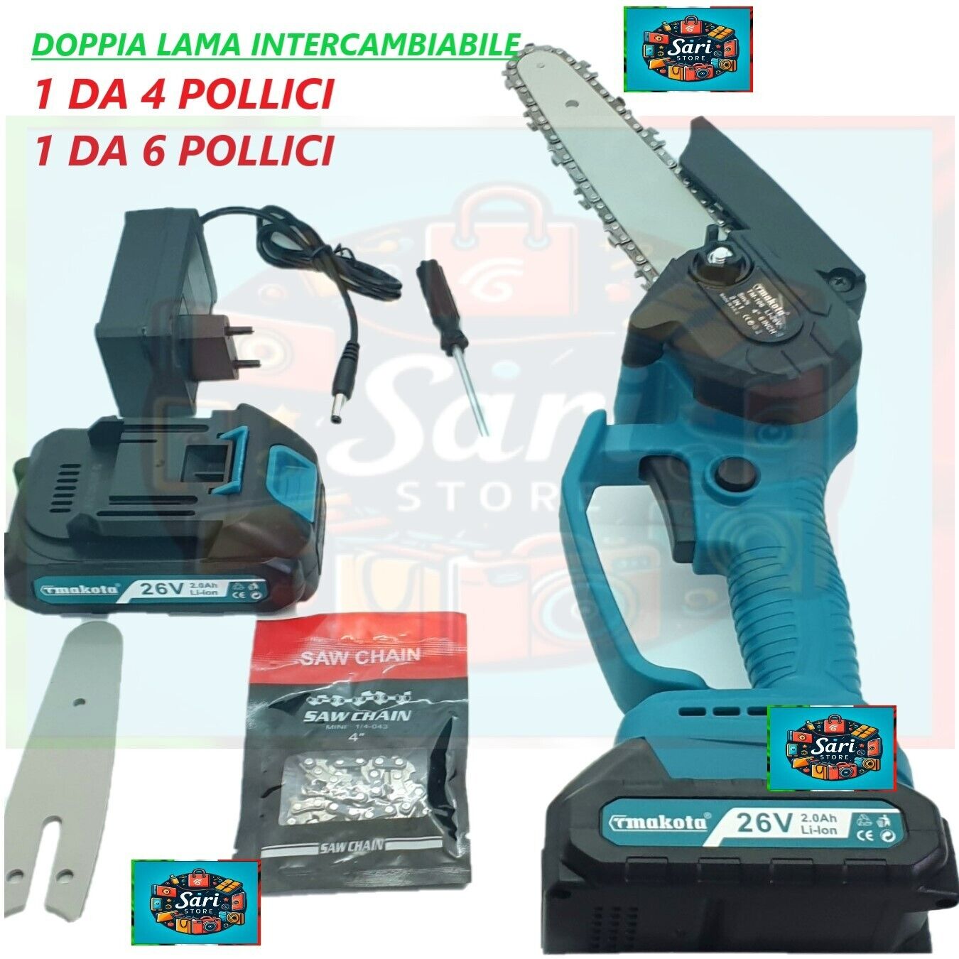 2 IN 1 MINI MOTOSEGA CORDLESS  2 BATTERIA DOPPIA LAMA 4 / 6 POLLICI TAGLIO RAMI