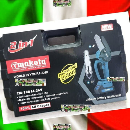 2 IN 1 MINI MOTOSEGA CORDLESS  2 BATTERIA DOPPIA LAMA 4 / 6 POLLICI TAGLIO RAMI