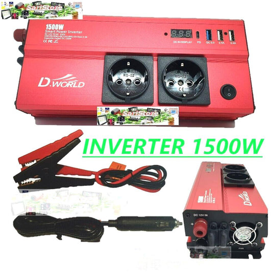 INVERTER 1500W Smart Power Modulato da 12V  AC 220V 4 USB - 2 SCHUKO AUTO CAMPER