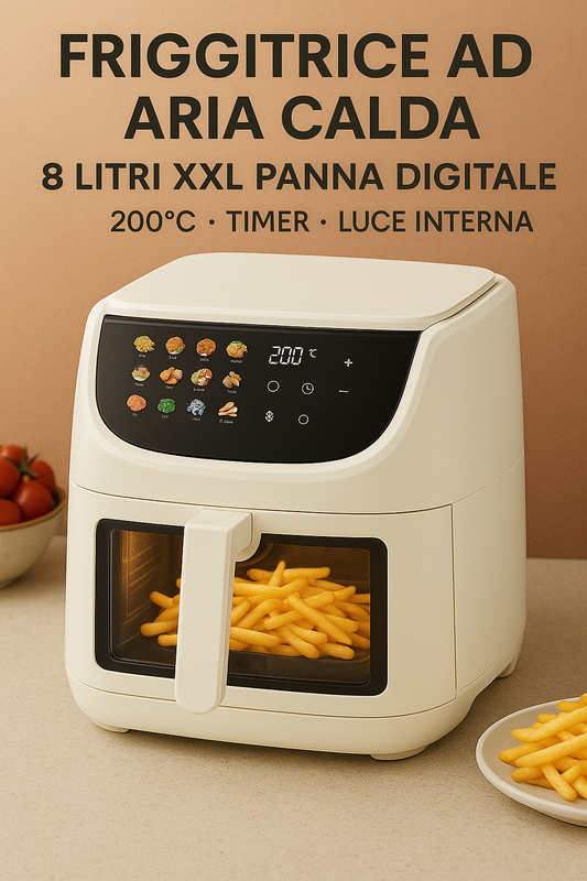 Friggitrice Aria Calda - Cestello 8 Litri VERI - XXL Digitale 200°C Timer Luce